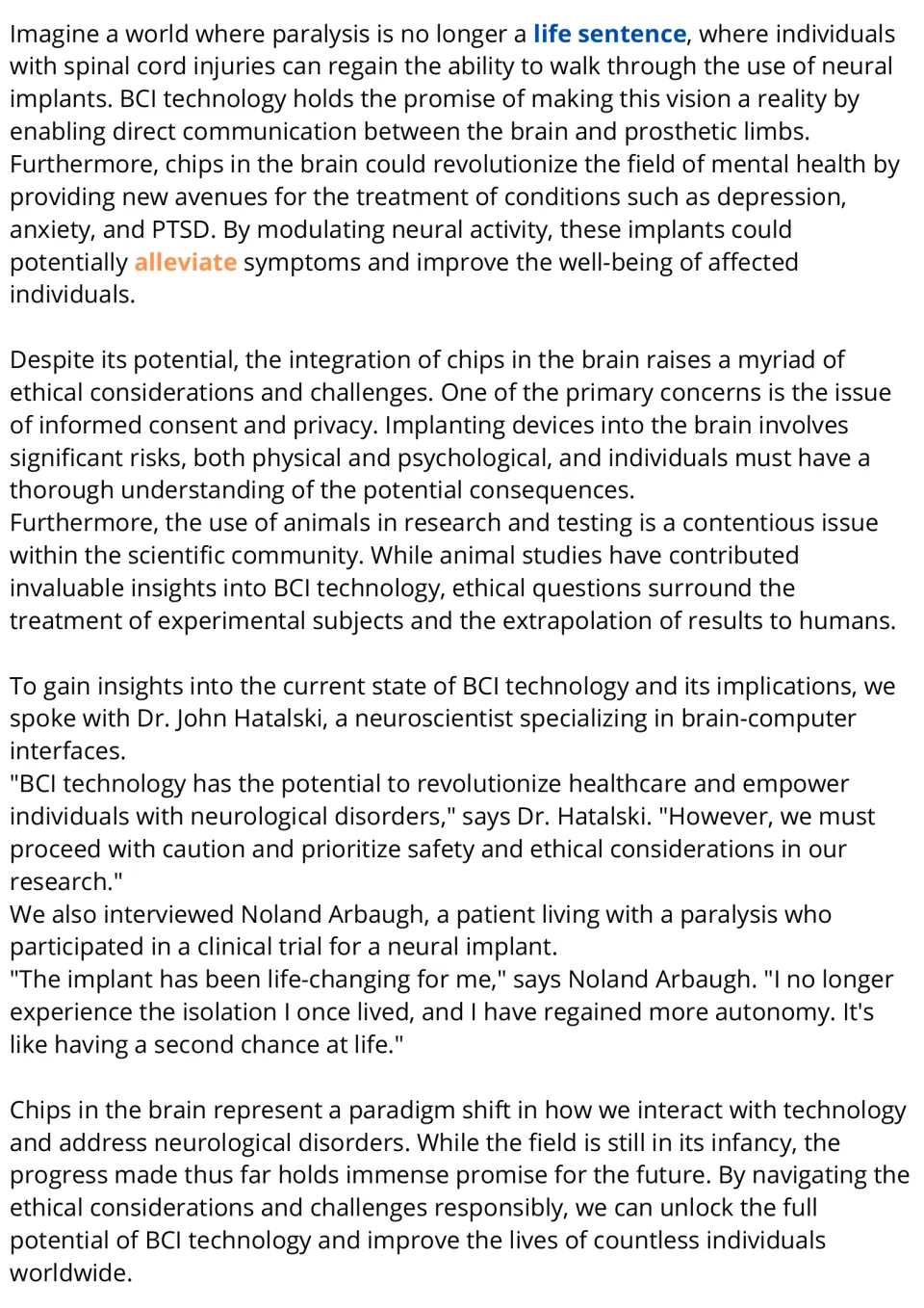 BCI article, part 2: students read about mental health uses, consent and animal-testing ethics, and two interview quotes