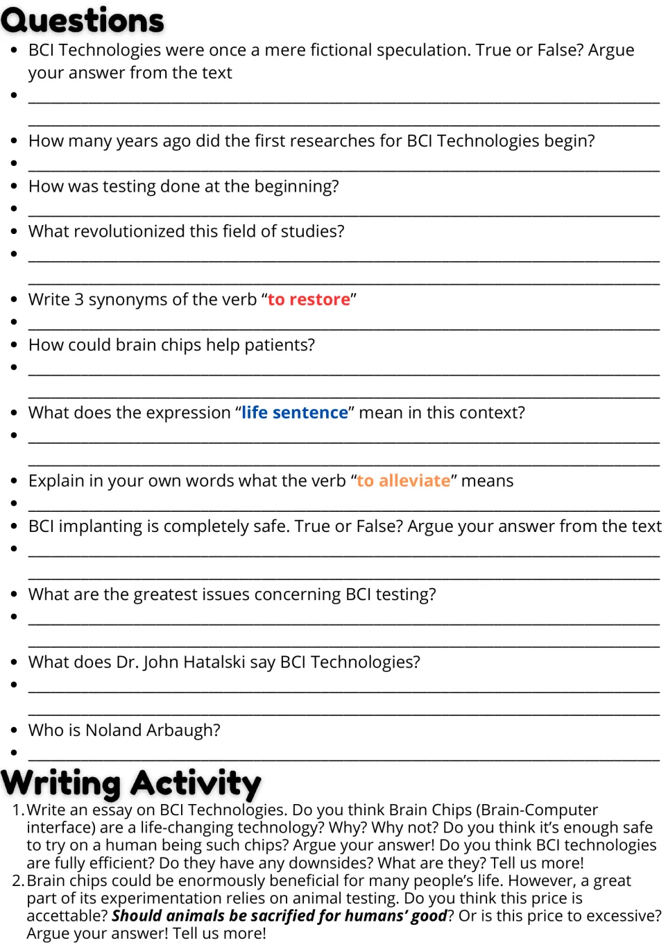 BCI questions: students answer true/false and recall items, define restore and alleviate, then write two opinion essays