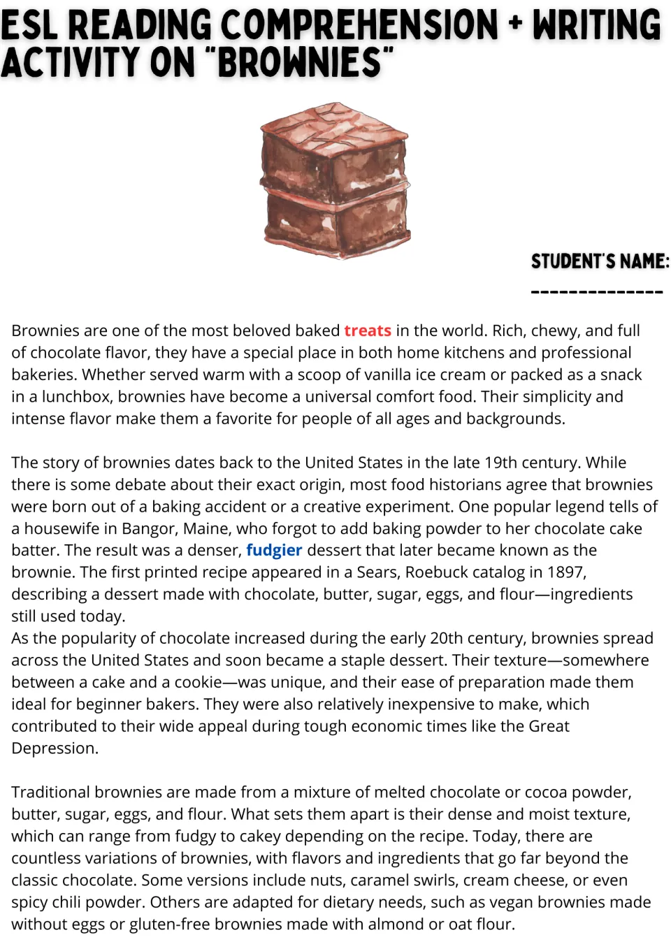 Brownies reading passage, part 1: origins, growing popularity, traditional ingredients, and recipe variations.