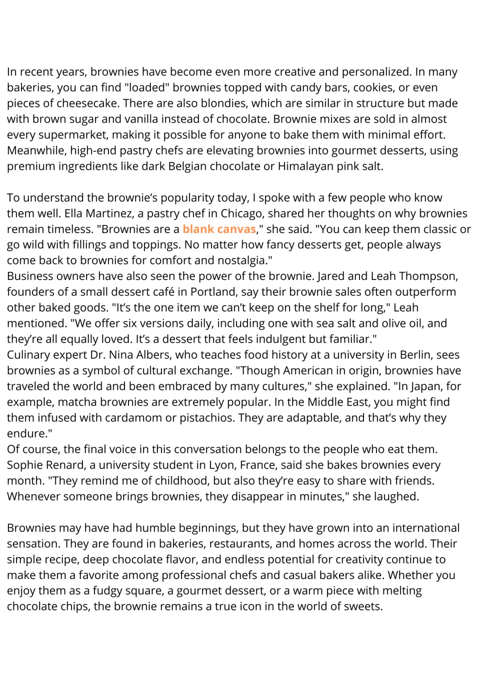 Brownies reading passage, part 2: modern variations, interviews, regional flavors, and worldwide popularity.