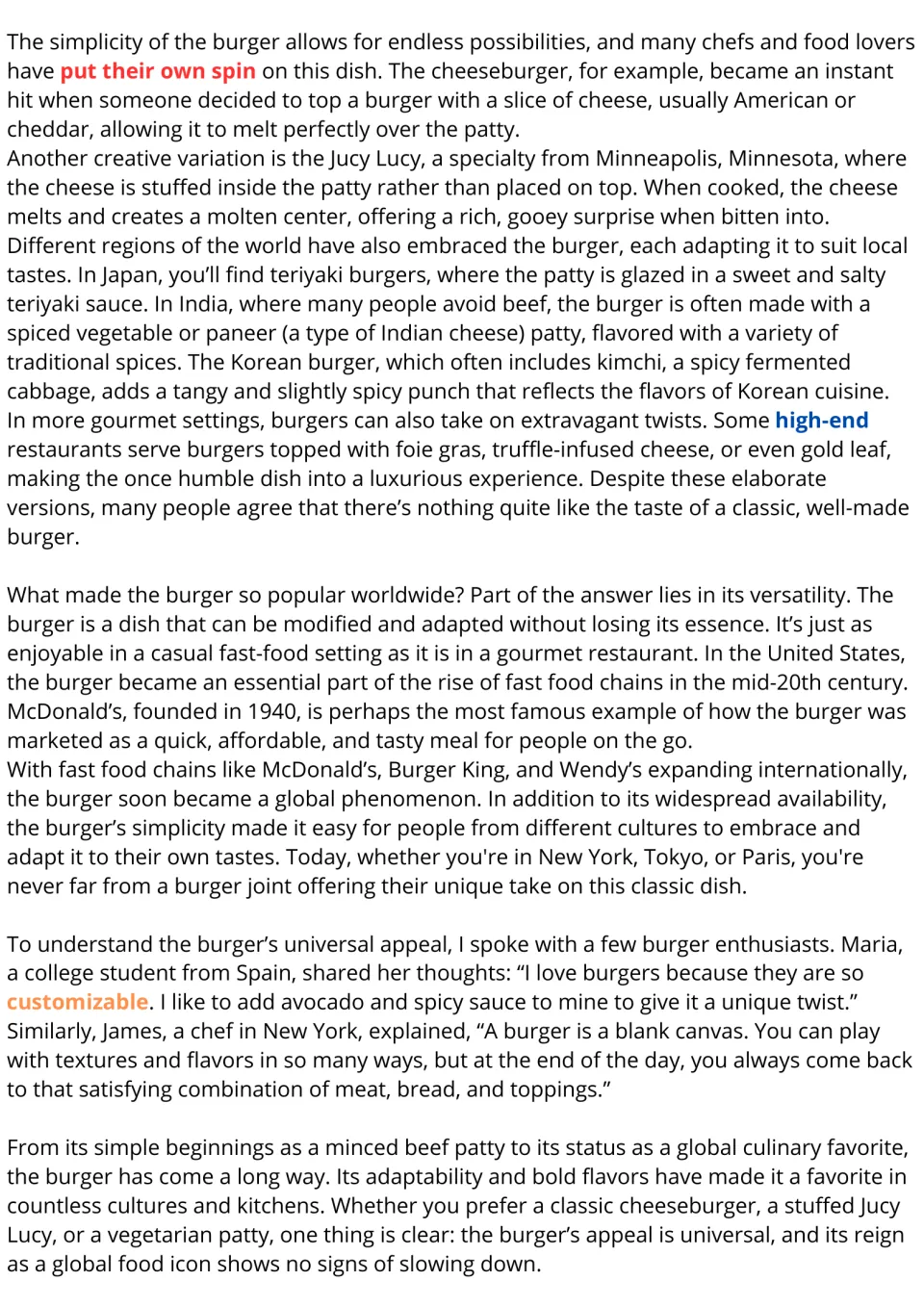 Burger reading passage, part 2: regional variations, global popularity, and opinions from two enthusiasts.