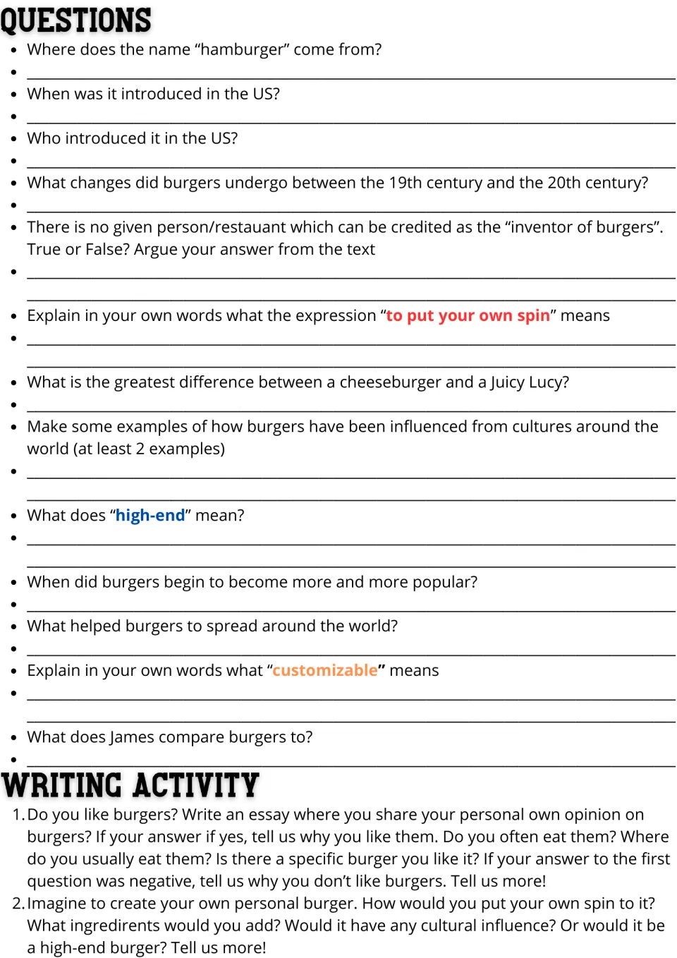 Burger reading activities: 13 comprehension questions and two writing prompts on opinions and burger design.