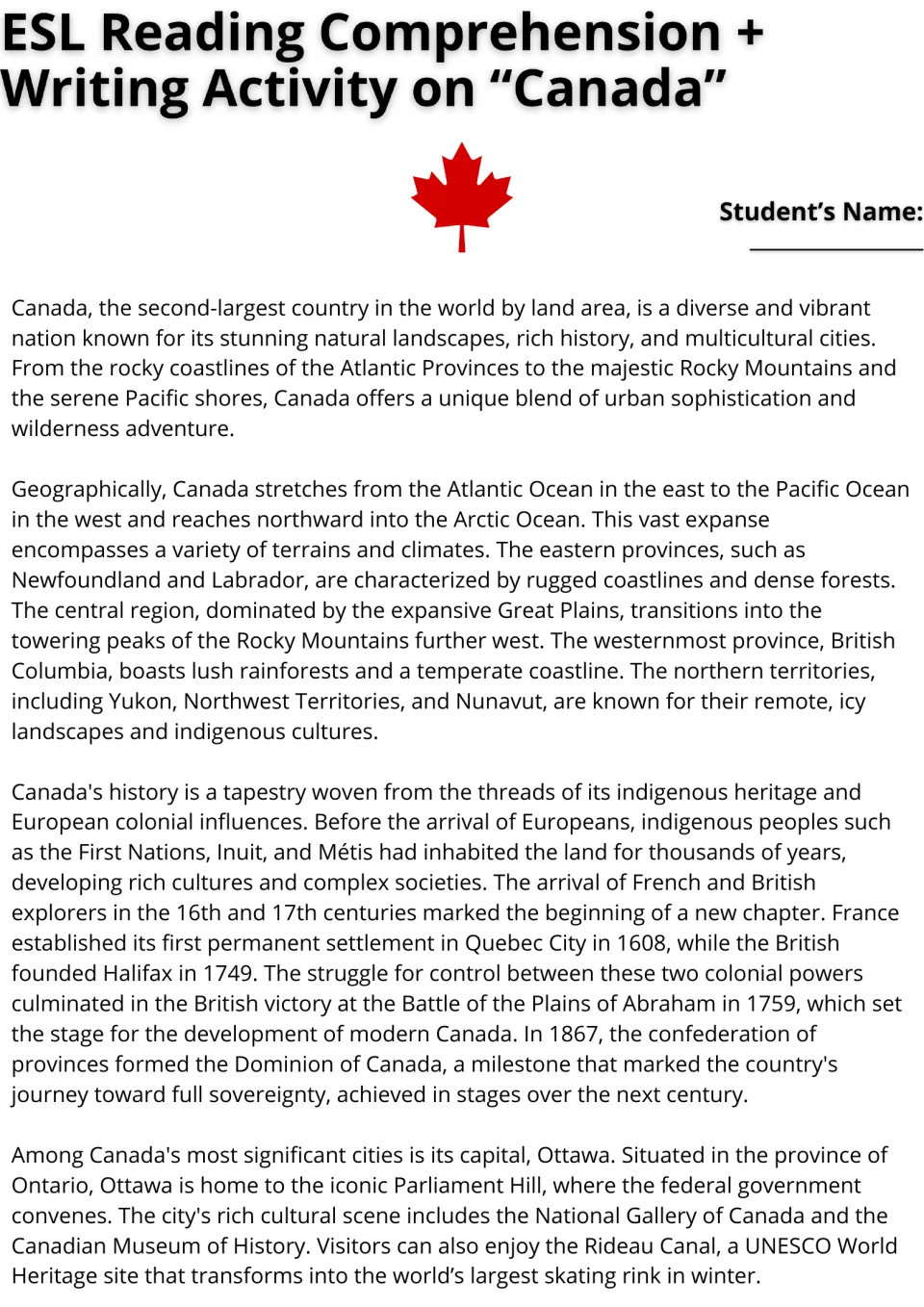 Canada reading passage, part 1: students read about geography, First Nations, colonial history and Ottawa