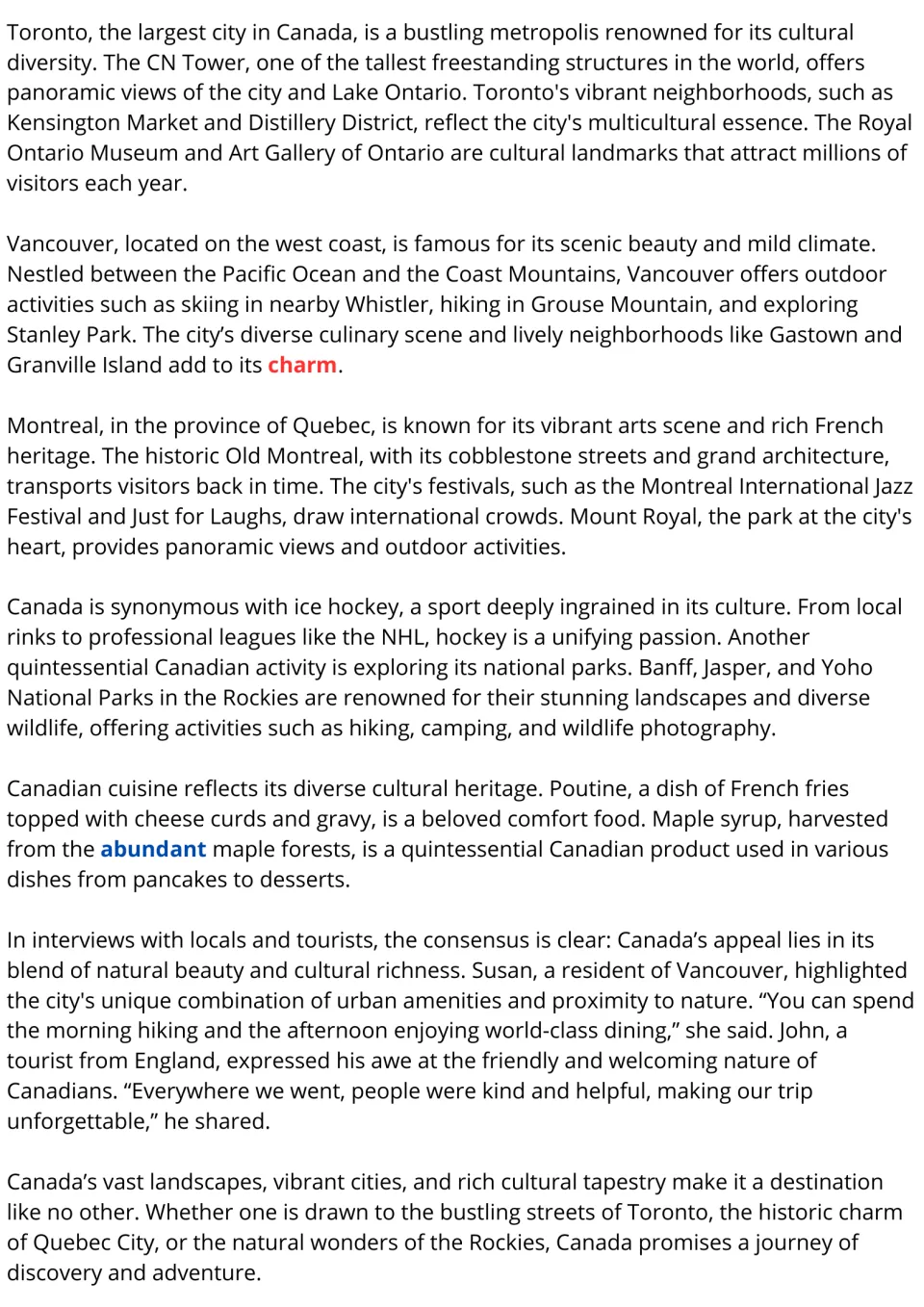 Canada passage, part 2: students read about Toronto, Vancouver, Montreal, hockey, poutine and visitor interviews