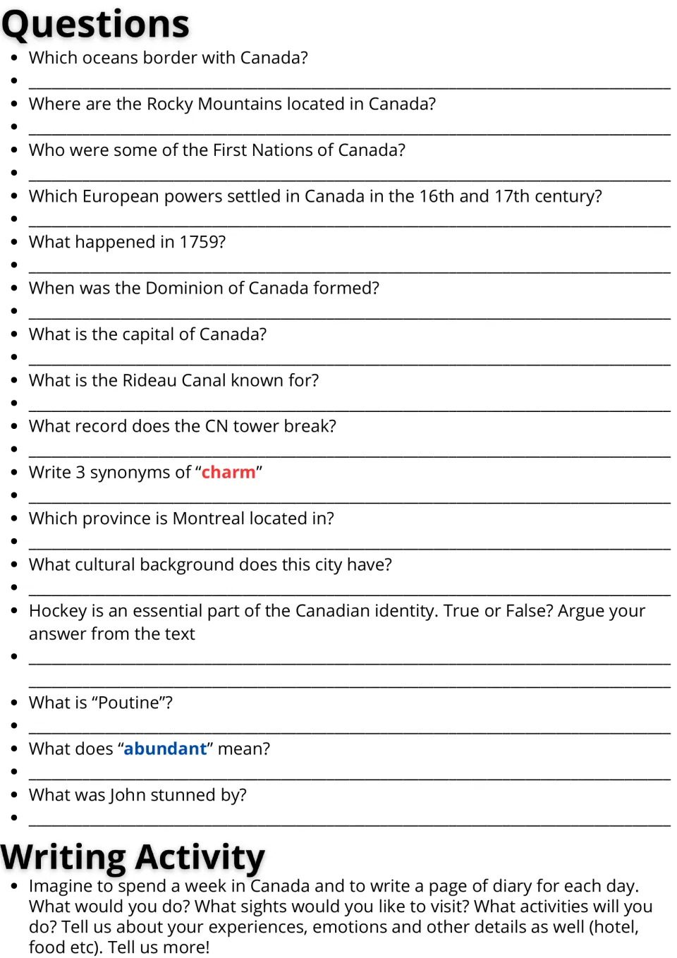 Canada questions: students answer 16 comprehension and vocabulary items, then write a week-long travel diary