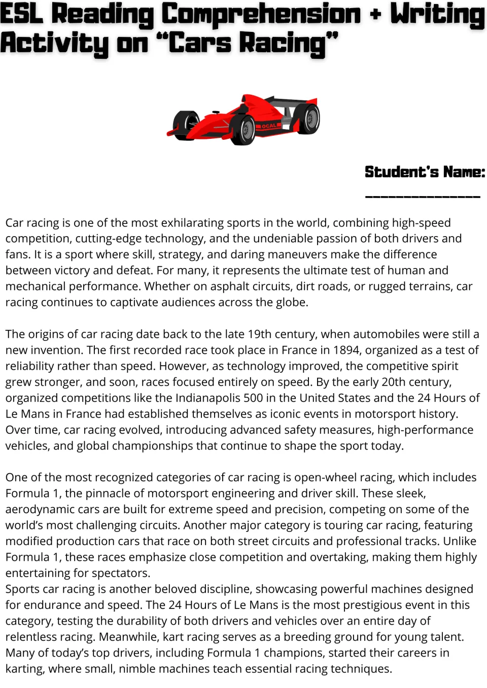 Car racing reading passage, part 1: students read about racing history, Formula 1, touring, Le Mans and karting