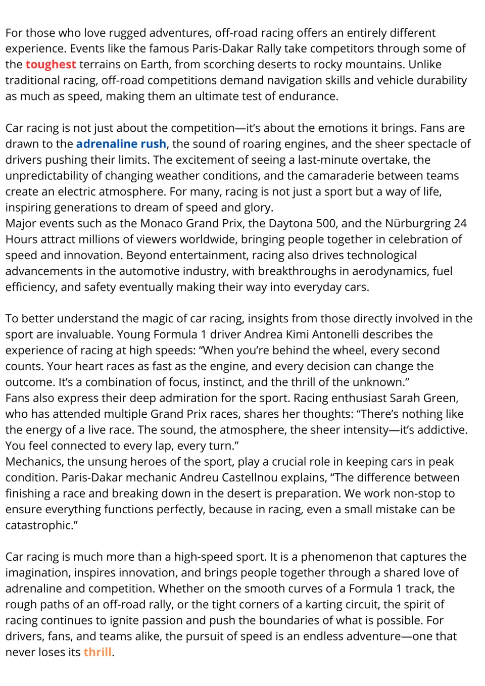 Car racing passage, part 2: students read on off-road rallies and quotes from a driver, a fan and a mechanic