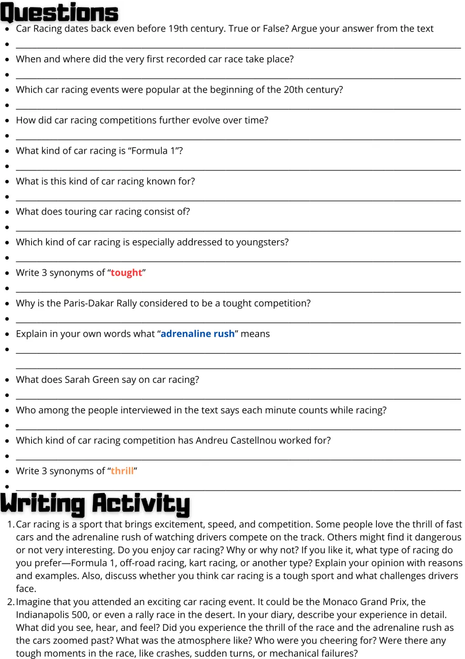 Car racing questions: students answer 15 comprehension and synonym items, then write an opinion piece or a race-day diary