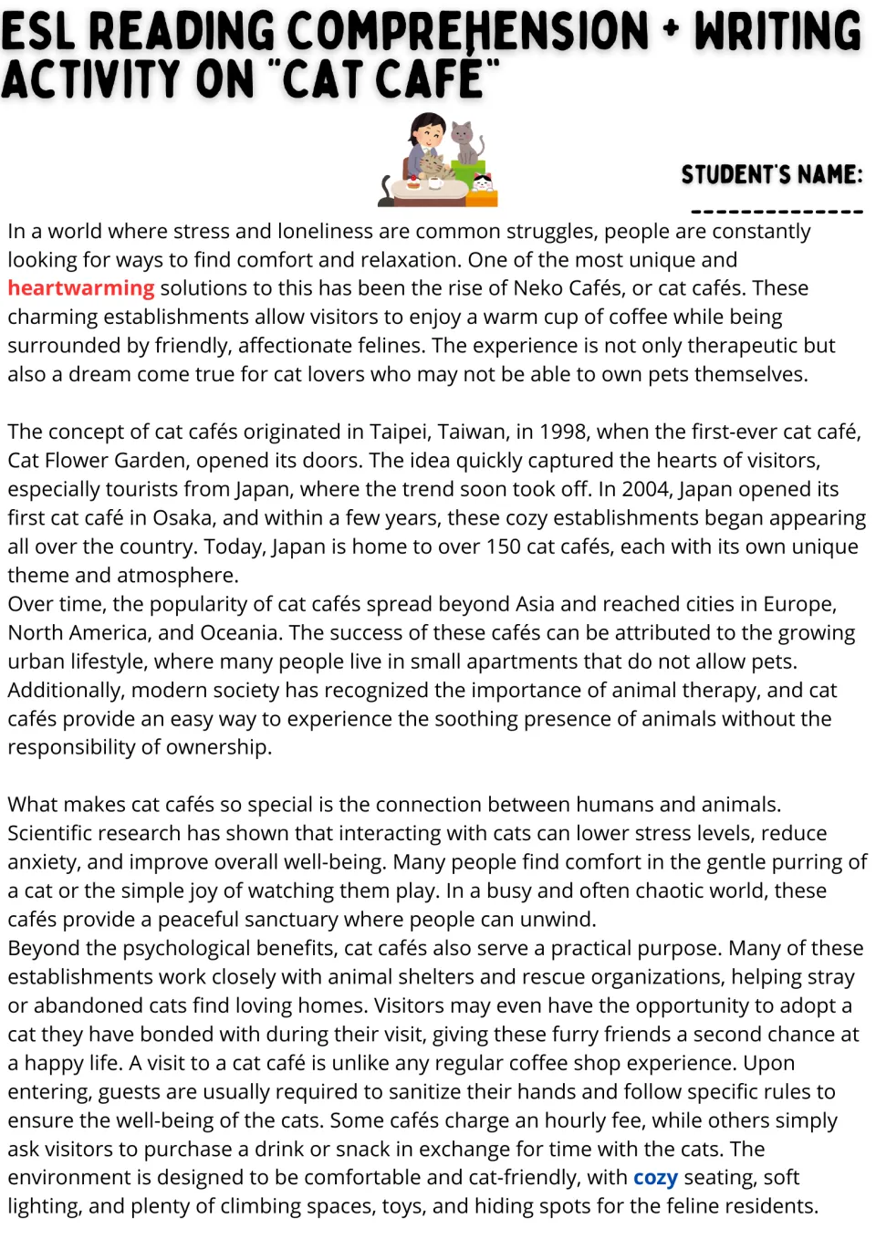 Opening ESL reading passage on cat cafés: origins in Taiwan, growth in Japan, benefits, and visitor rules.