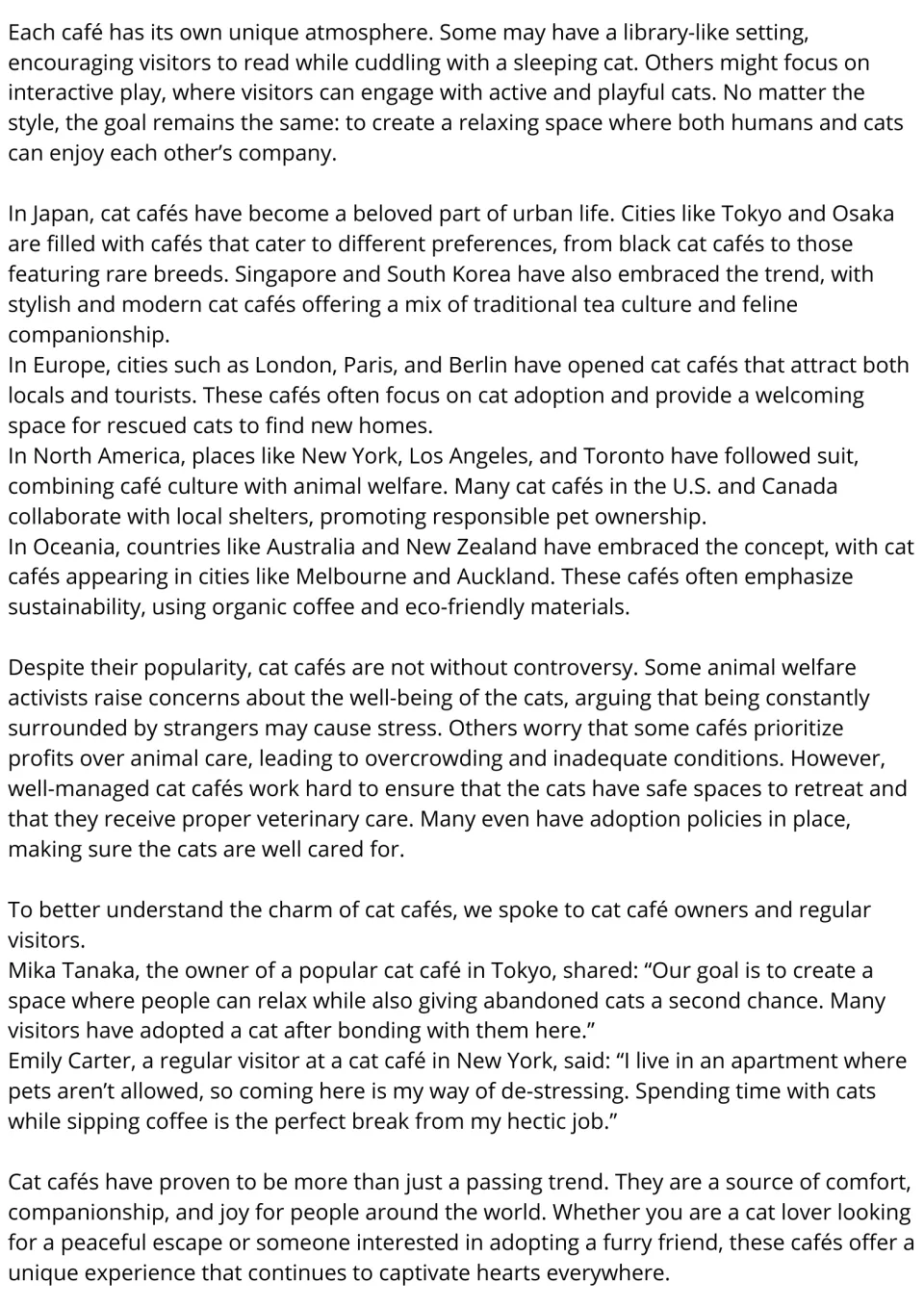 ESL reading passage continued: cat cafés worldwide, animal welfare concerns, and owner and visitor comments.