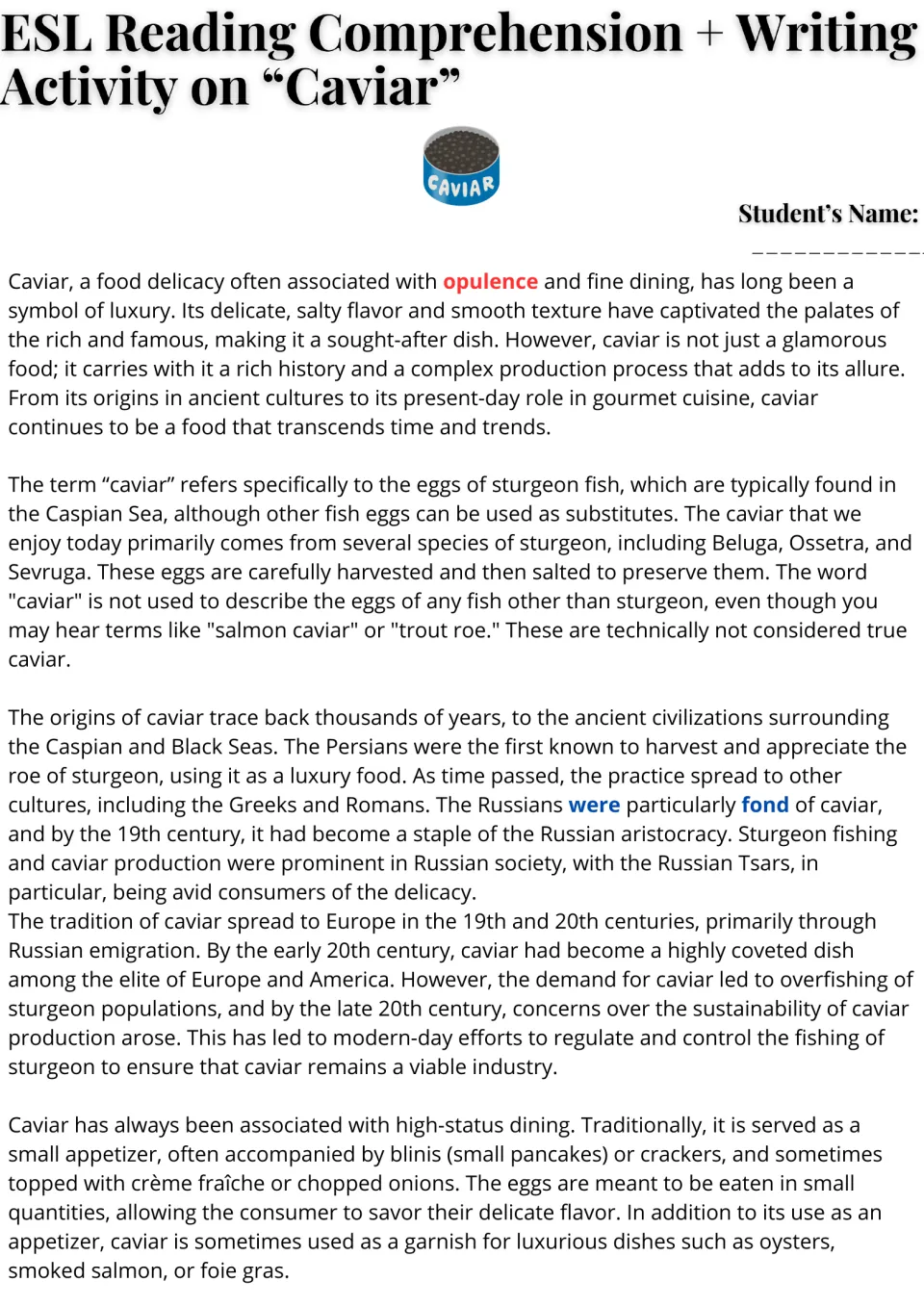 Caviar reading passage, part 1: students read about sturgeon eggs, caviar's Persian origins and Russian history