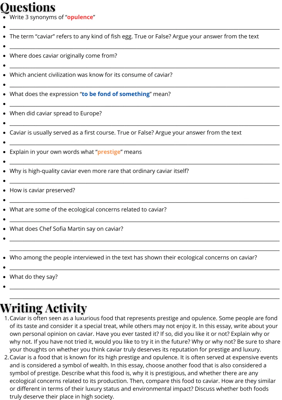 Caviar questions: 14 vocabulary, true-or-false and recall items, then two essay prompts on prestige foods and opinion