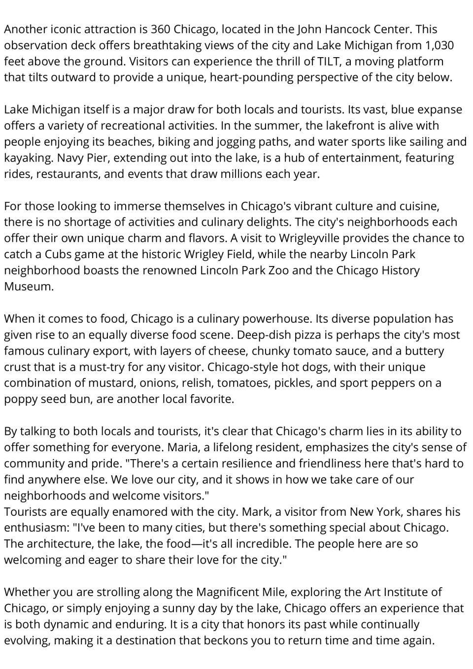 Chicago reading passage, part 2: 360 Chicago, Lake Michigan, neighborhoods, food, and resident and visitor views.