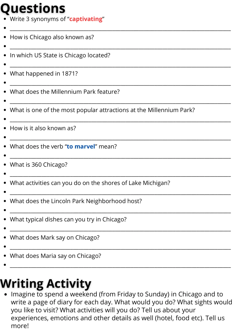 Chicago reading follow-up: 14 comprehension and vocabulary questions plus a Friday-to-Sunday diary prompt.