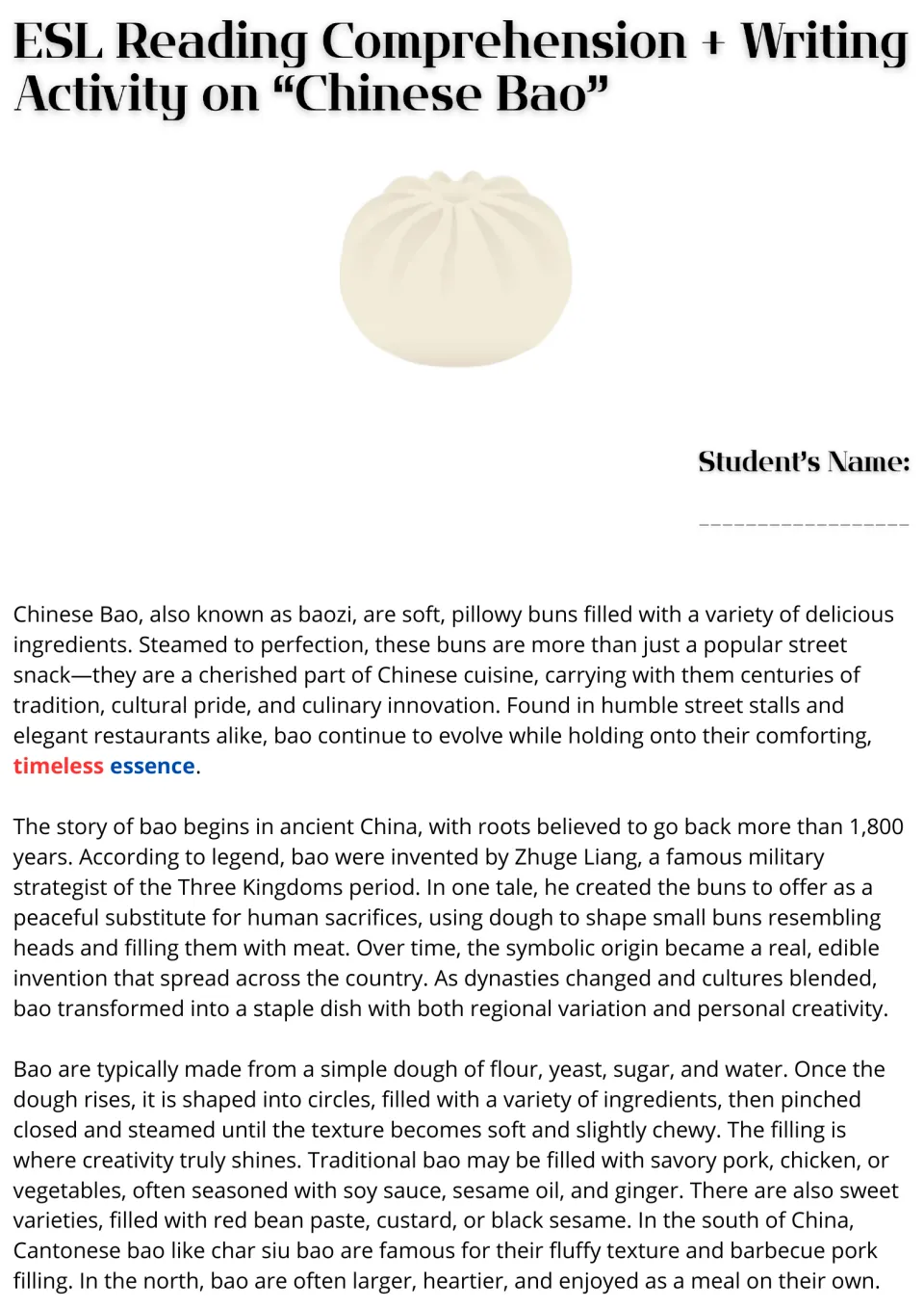 Opening ESL reading passage on Chinese bao: legendary origins, dough ingredients, fillings, and regional varieties