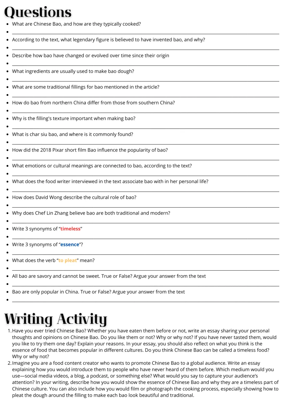Chinese bao follow-up: 18 comprehension and vocabulary questions plus two essays on opinions and global promotion