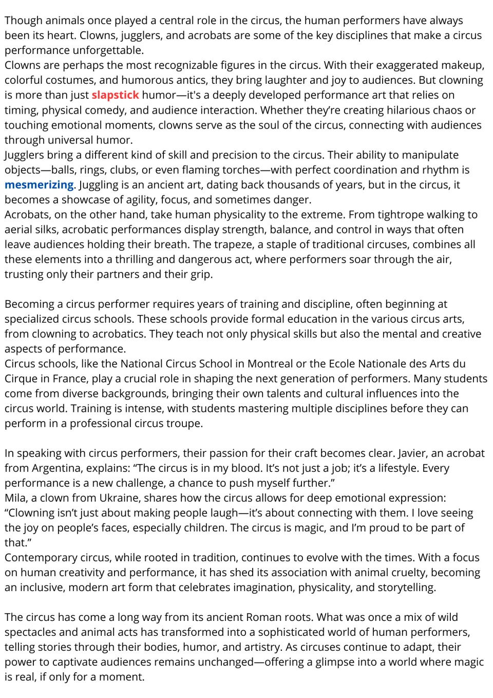 Circus reading passage, part 2: clowns, jugglers, acrobats, circus schools, and performers' experiences.