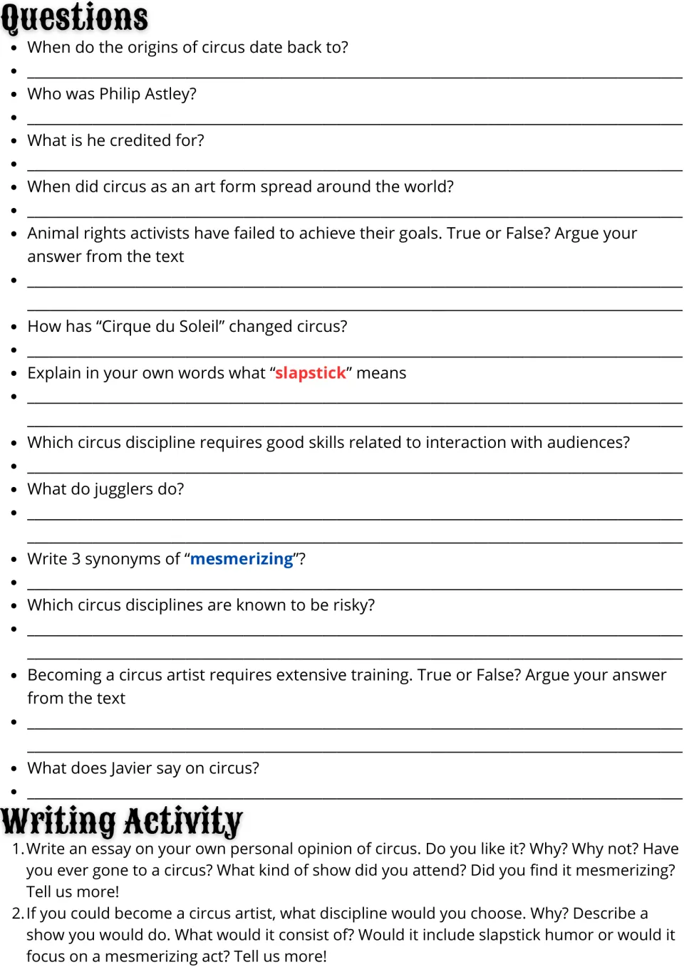 Circus passage follow-up: 13 comprehension questions and two essay prompts on opinions and performing.
