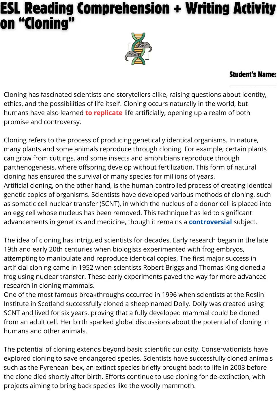 Cloning reading passage on natural and artificial cloning, SCNT and Dolly the sheep, with key vocabulary in color