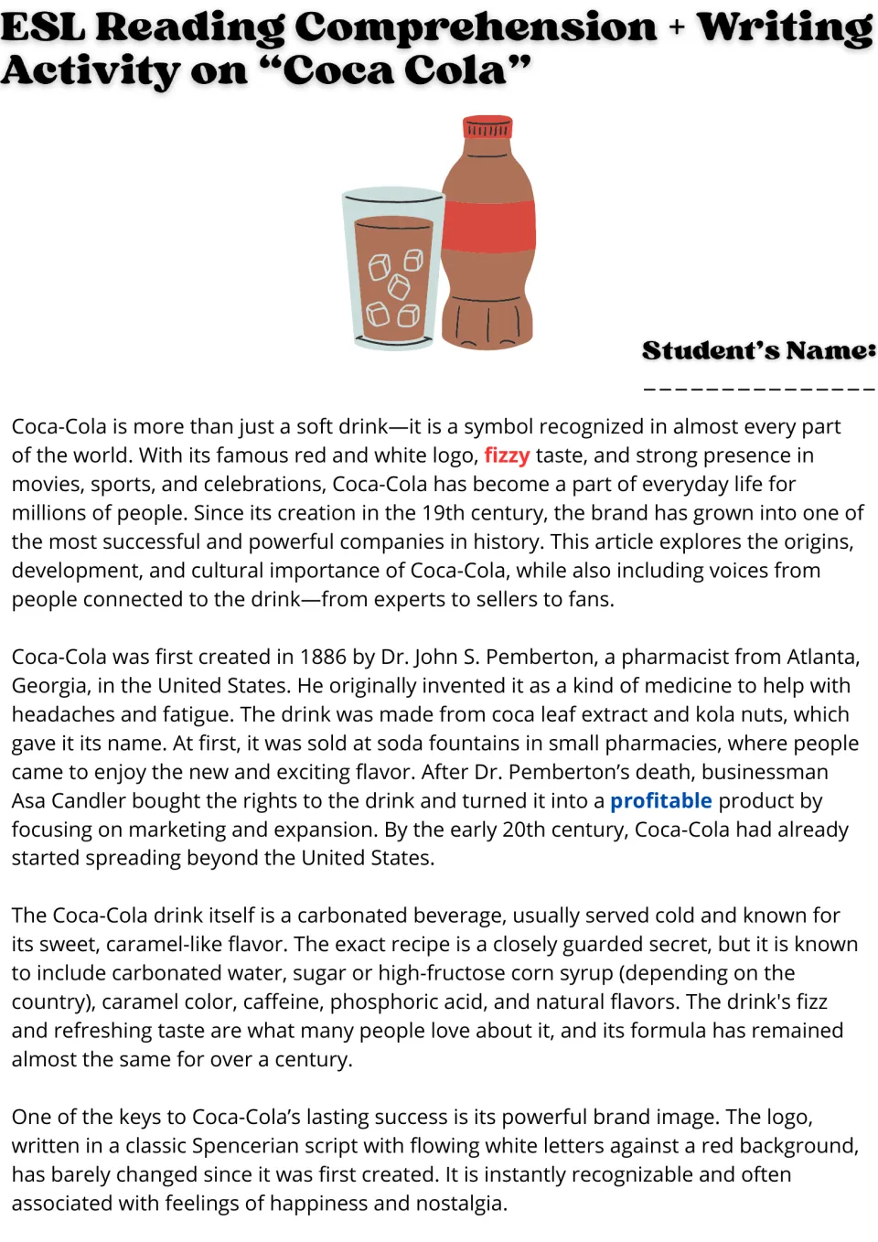 ESL reading passage, part 1: Coca-Cola's origins in 1886, ingredients, secret recipe, and brand image.
