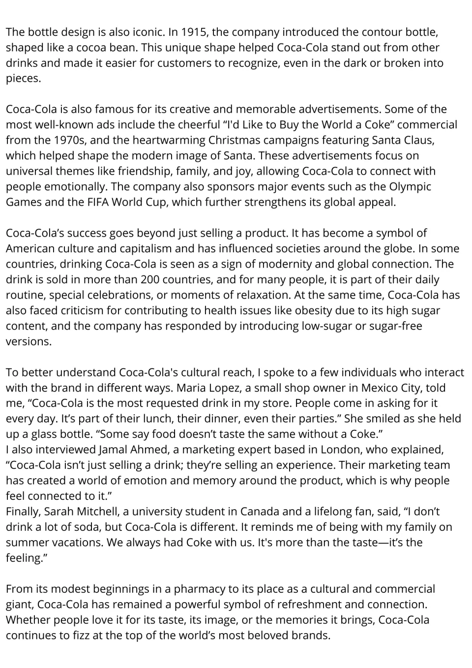 ESL reading passage, part 2: Coca-Cola's bottle, advertising, cultural impact, and three interviews.