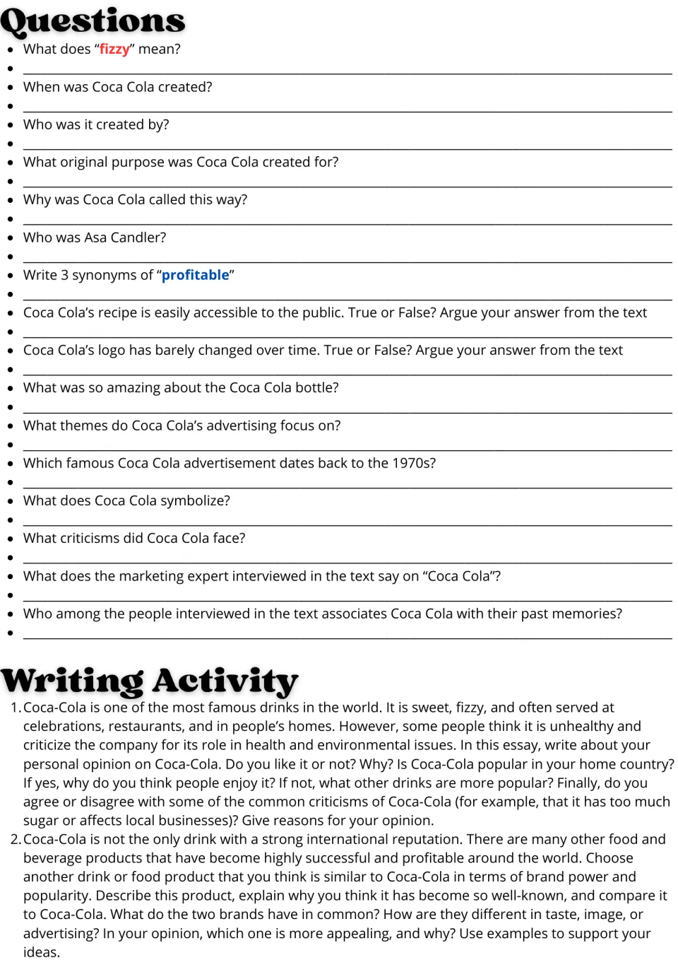 Coca-Cola reading follow-up: 16 comprehension questions and two essay prompts on opinions and brand comparisons.