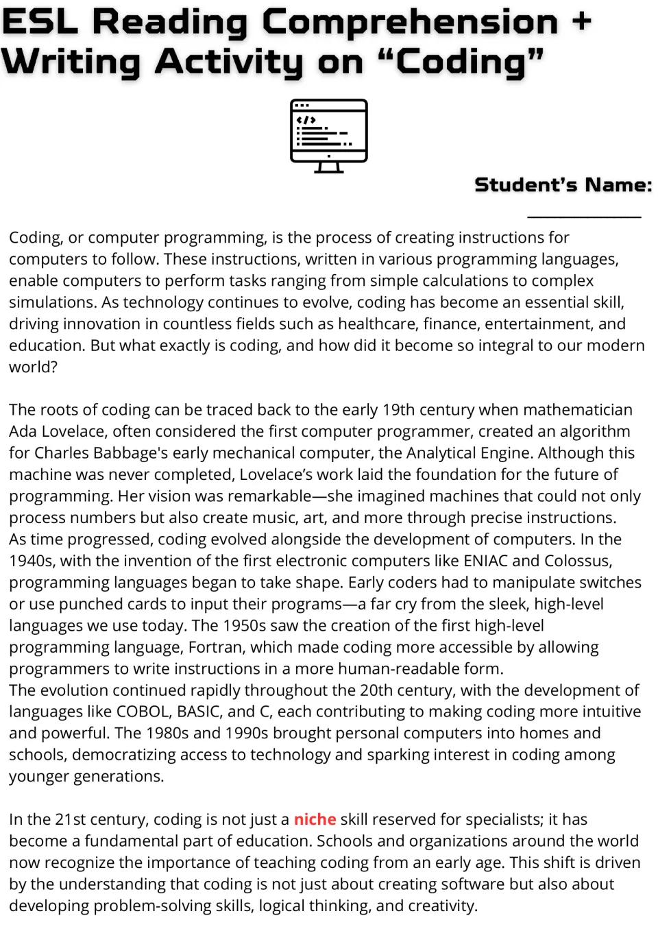 Coding reading passage, part 1: definition, Ada Lovelace, early programming languages, and coding in education.