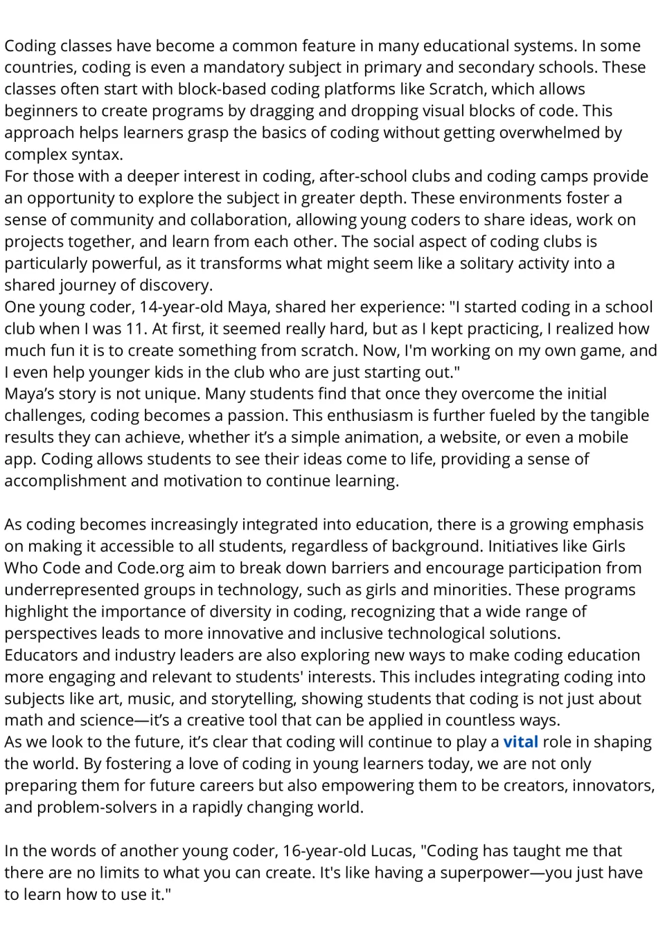 Coding reading passage, part 2: Scratch, coding clubs, student experiences, and access to coding education.
