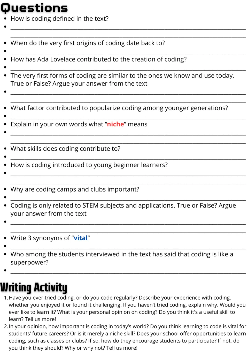 Coding passage follow-up: 12 comprehension questions and two essay prompts on personal experience and coding's role.