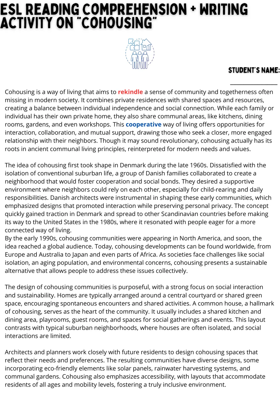 Cohousing reading passage, part 1: community living, Danish origins, shared spaces, and sustainable design.