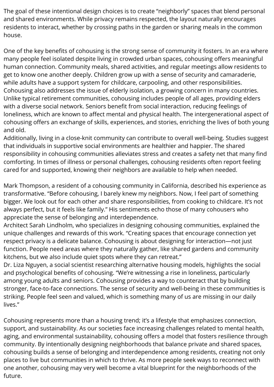 Cohousing reading passage, part 2: social benefits and perspectives from a resident, architect, and scientist.