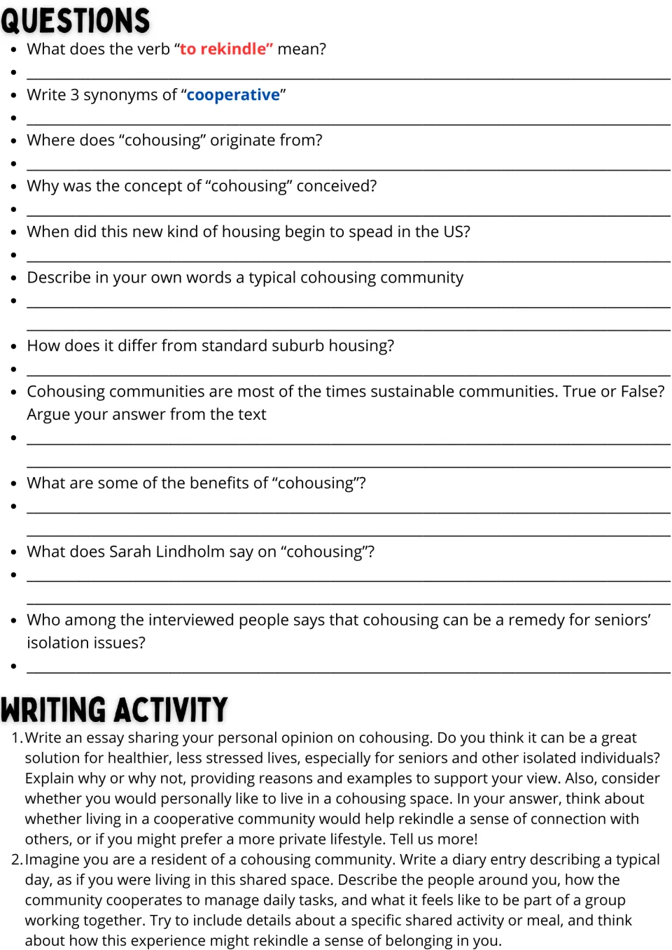 Cohousing follow-up: 11 vocabulary and comprehension questions, an opinion essay prompt, and a diary prompt.