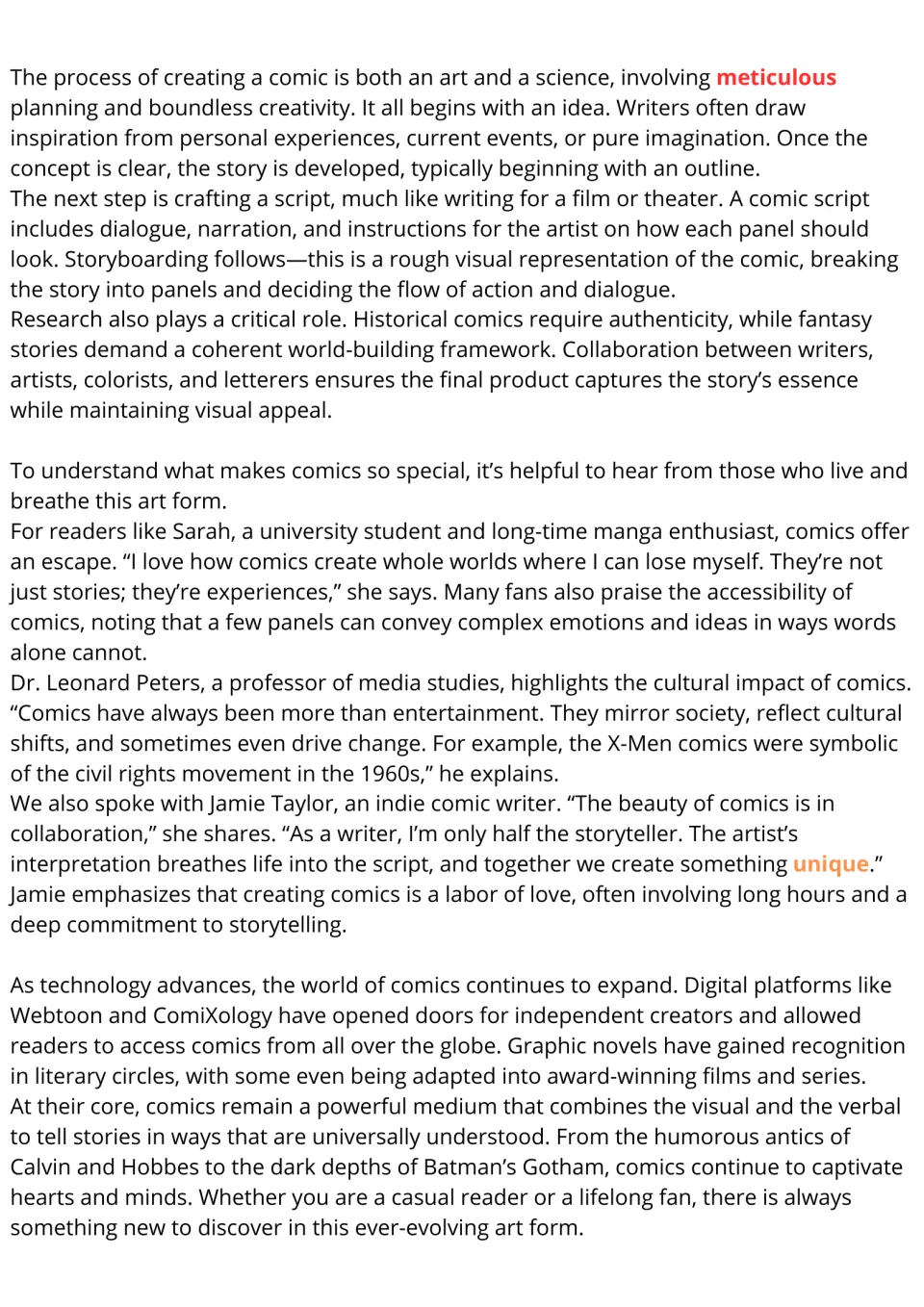 Comics reading passage, part 2: the creation process, reader and creator perspectives, and digital comics.