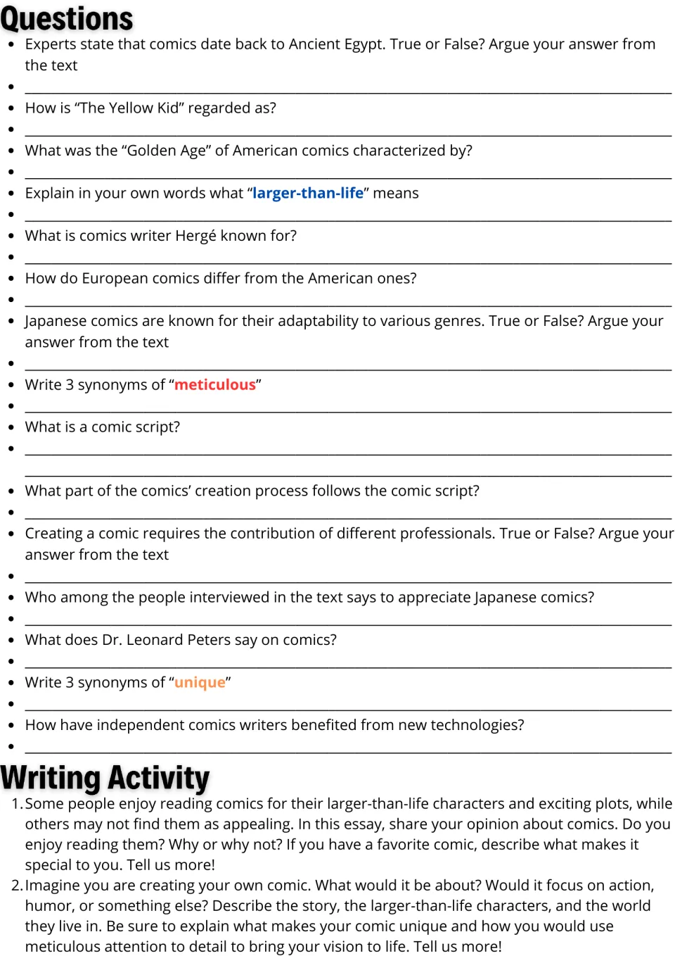 Comics follow-up activities: 15 comprehension and vocabulary questions plus two essay prompts about comics.