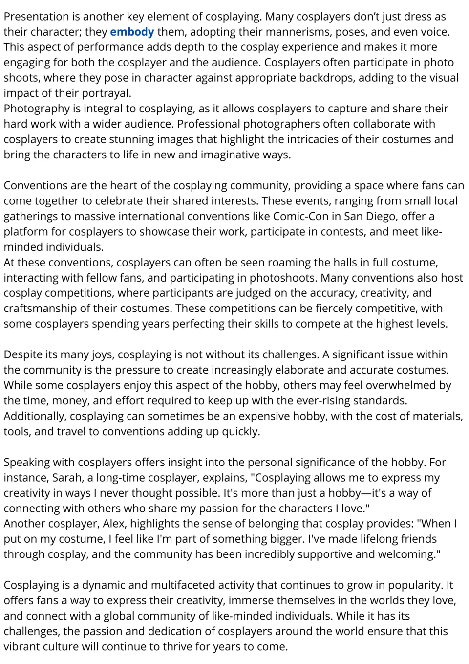 Cosplay reading passage, part 2: performance, photography, conventions, challenges, and cosplayer interviews.