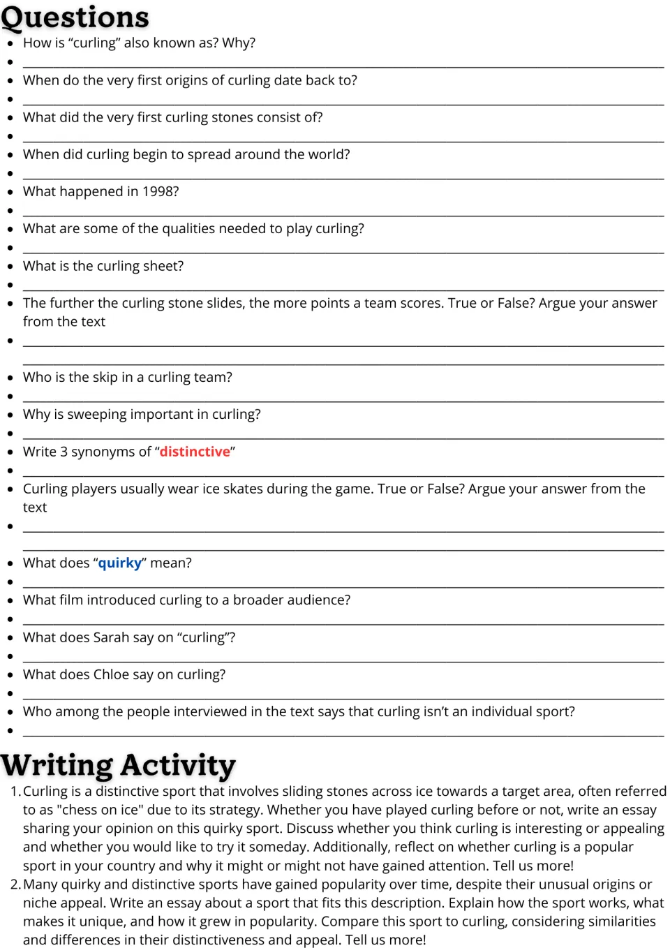 Curling follow-up: 17 comprehension and vocabulary questions and two essay prompts on curling and unusual sports.