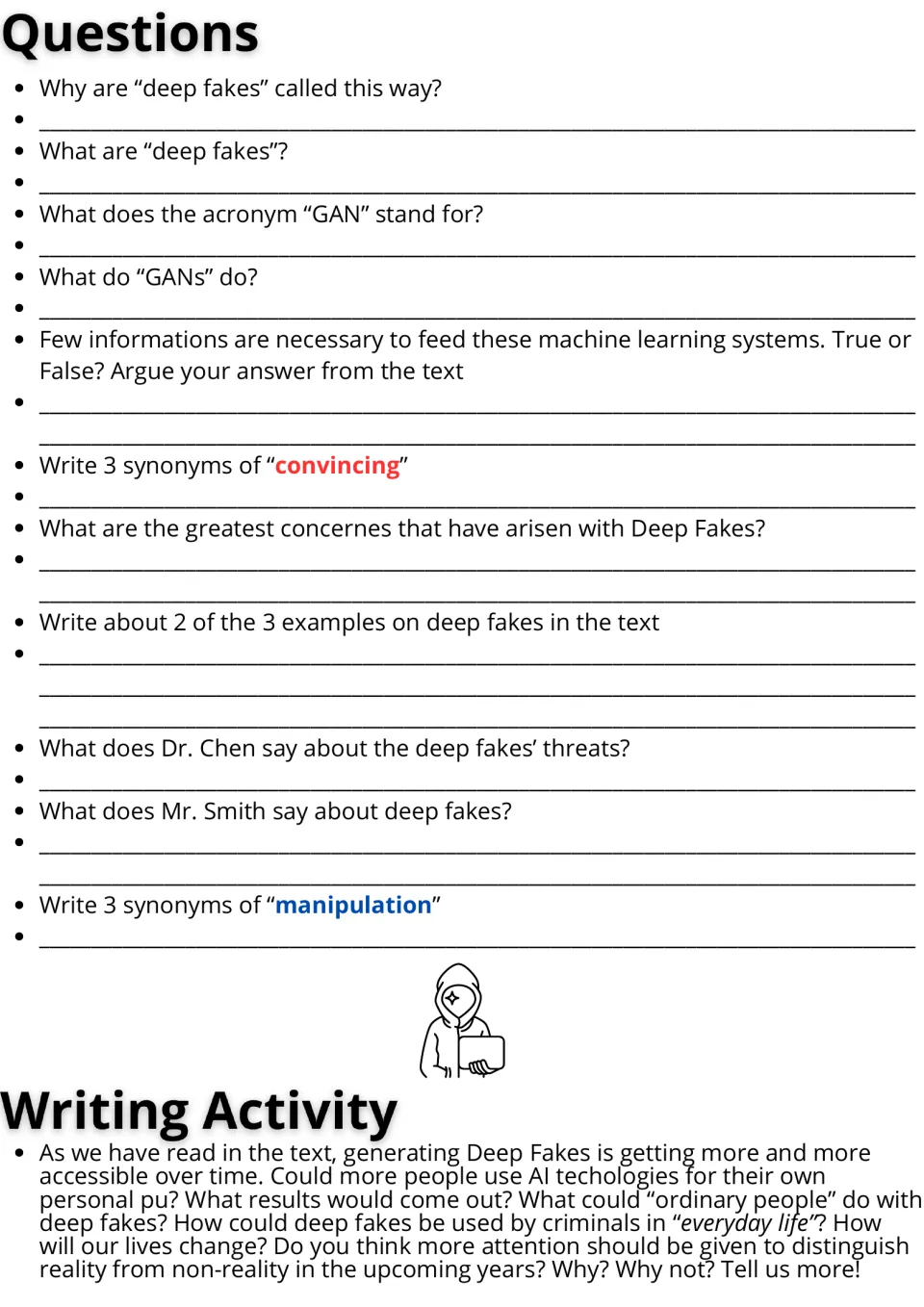 Follow-up activities: 11 reading questions and an essay prompt on deep fake access, misuse, and daily life.