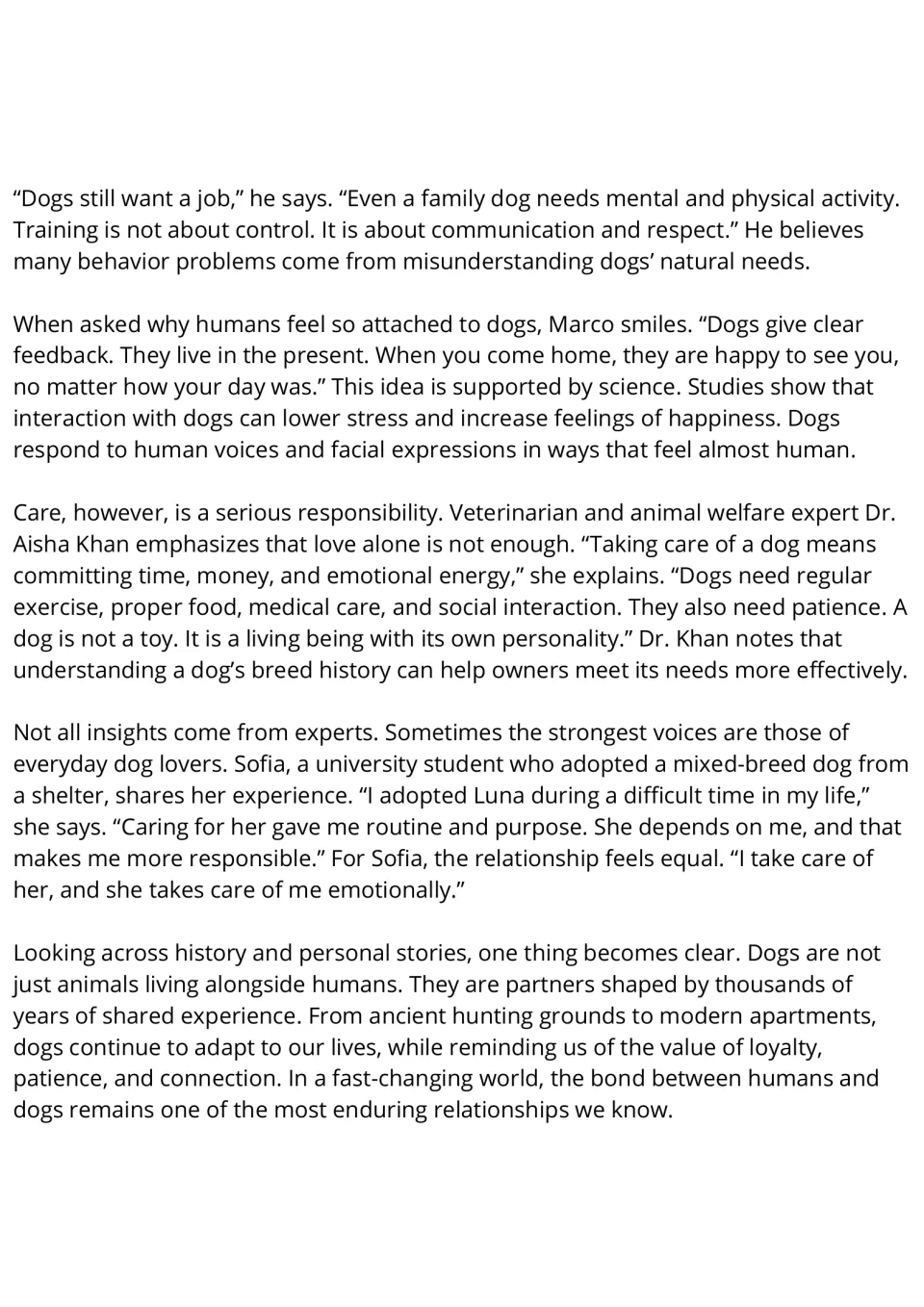 ESL reading passage continued: dog training, emotional benefits, responsible care, and Sofia's dog Luna.