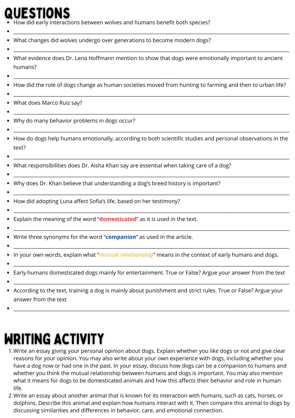 Dogs reading follow-up: 15 comprehension and vocabulary questions plus two essay prompts about animals.