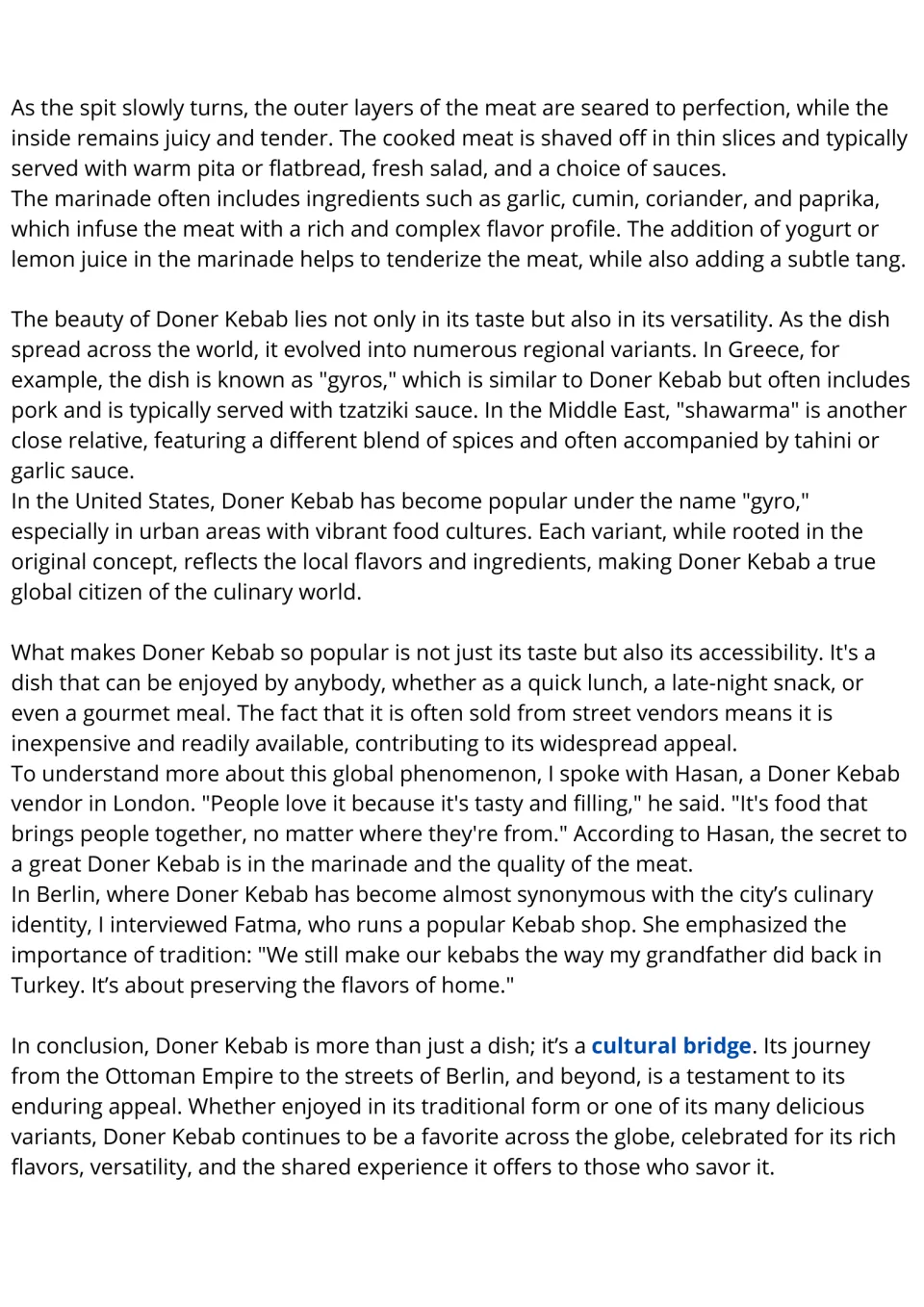 ESL reading passage, part 2: Doner Kebab's cooking methods, regional variants, and role as a cultural bridge.