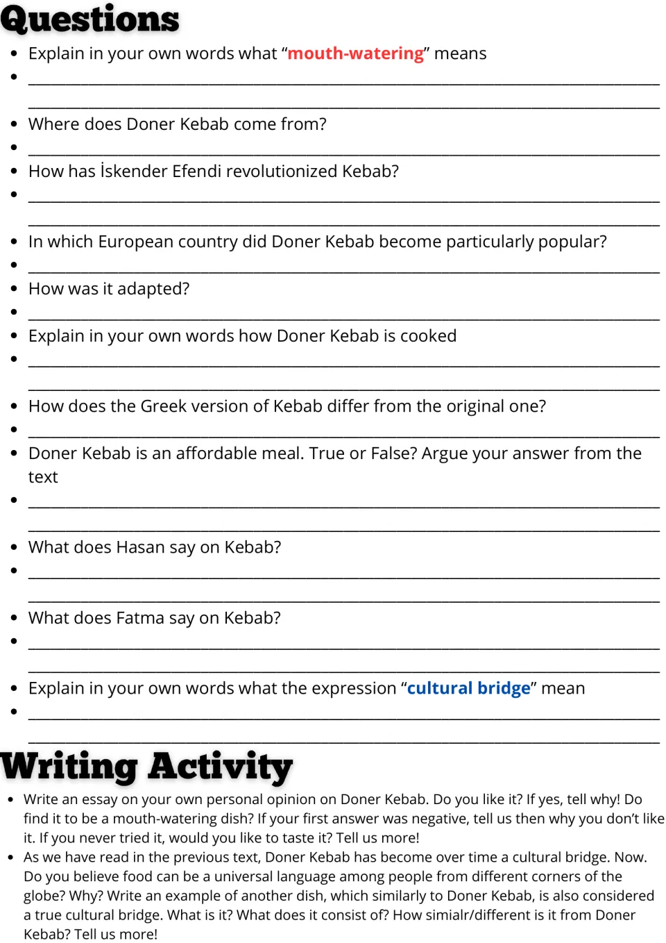 Doner Kebab follow-up: 11 comprehension questions and two essay prompts on personal tastes and food across cultures.