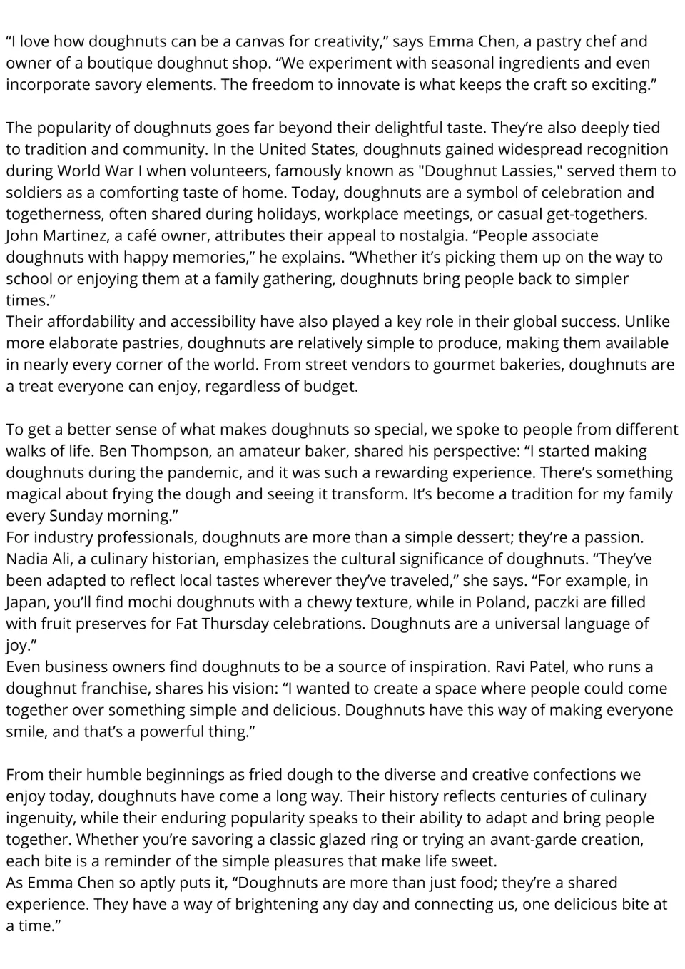 ESL reading passage, part 2: doughnut traditions, cultural varieties, and perspectives from five people.