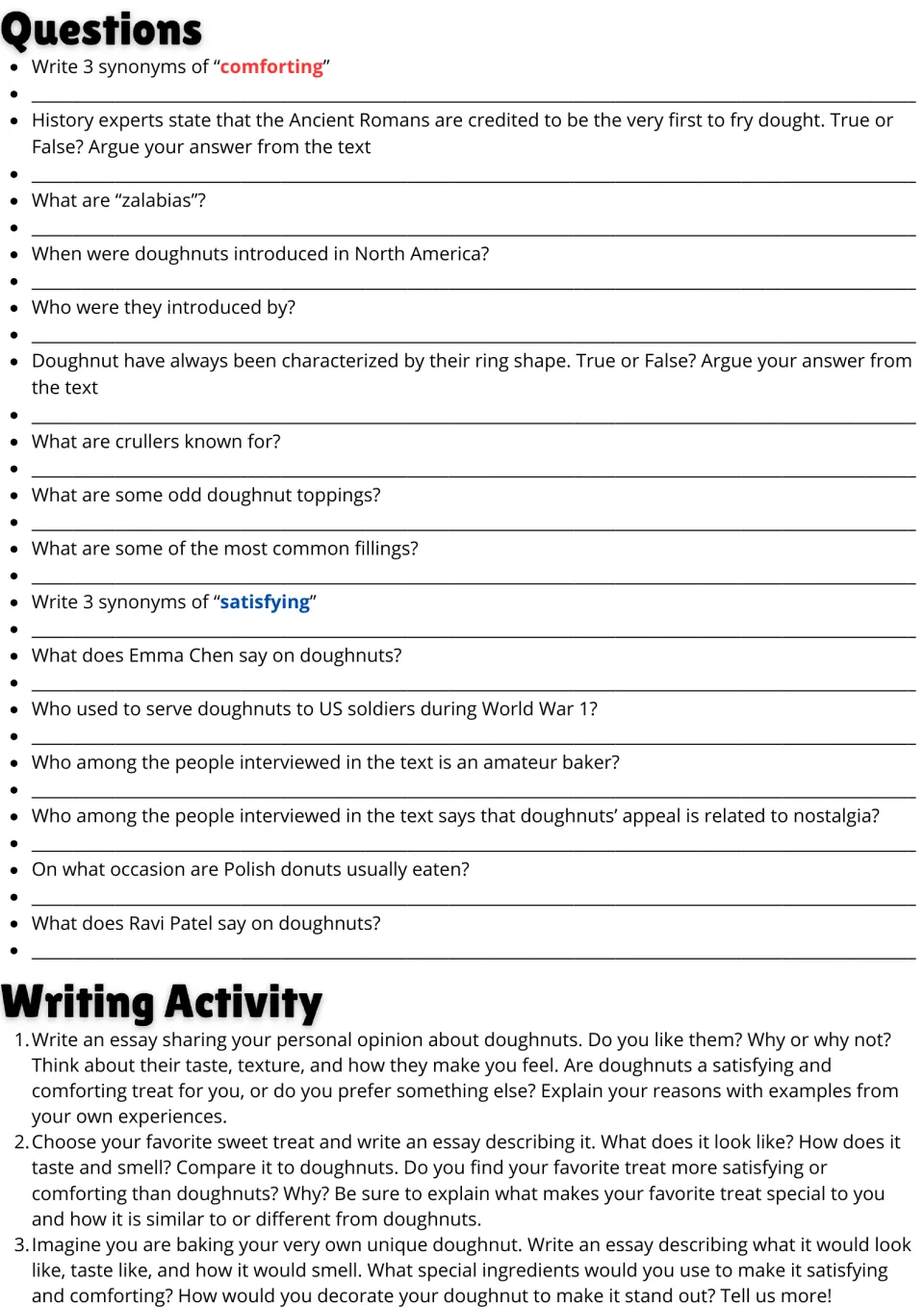 Doughnut reading follow-up: 16 comprehension and vocabulary questions plus three essay writing prompts.