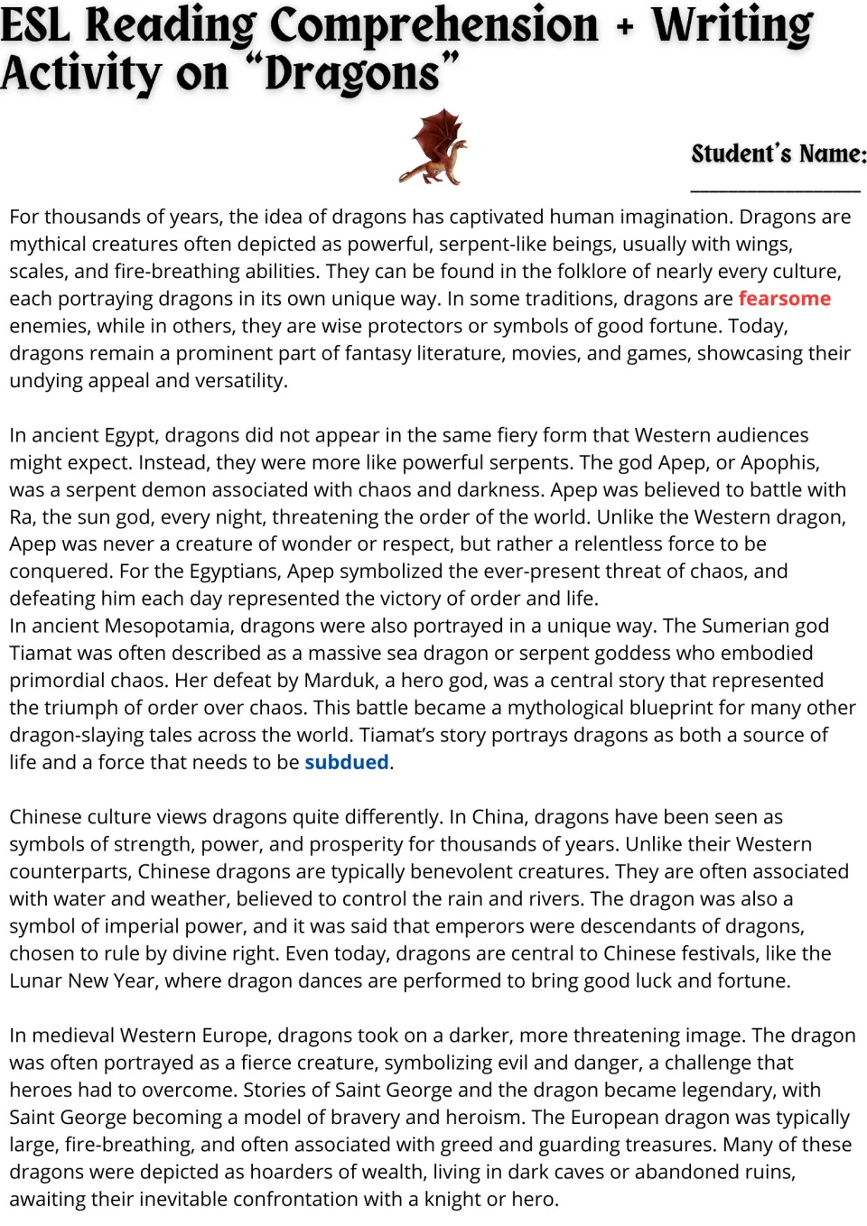 Dragons reading passage, part 1: students read about dragons in Egyptian, Mesopotamian, Chinese and medieval European myth