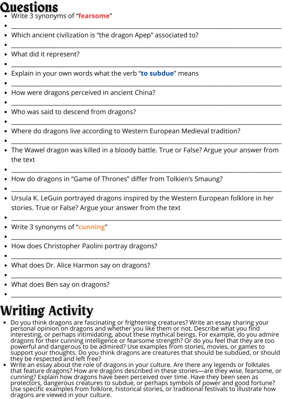 Dragons questions: 14 comprehension items with synonyms and true/false, then two opinion and culture essay prompts
