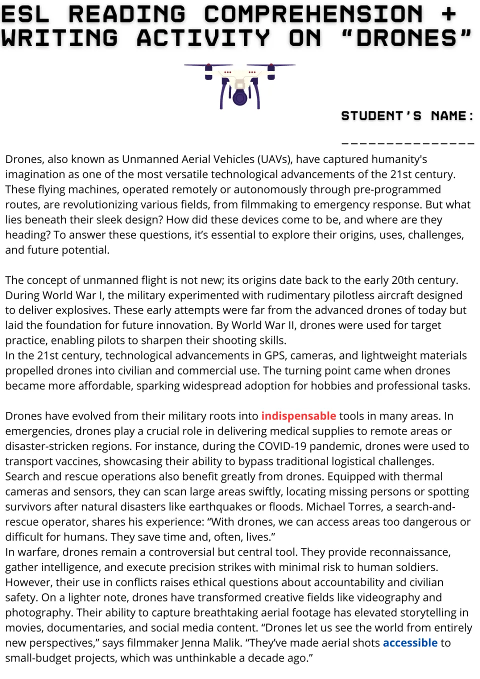 Drones reading passage, part 1: students read about UAV origins, rescue, warfare and filming uses, with 2 key words in color