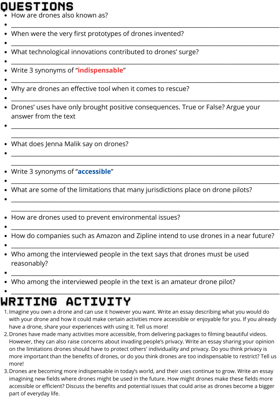 Drones questions: students answer 13 comprehension and synonym items, then write an essay from 3 prompts on drone use