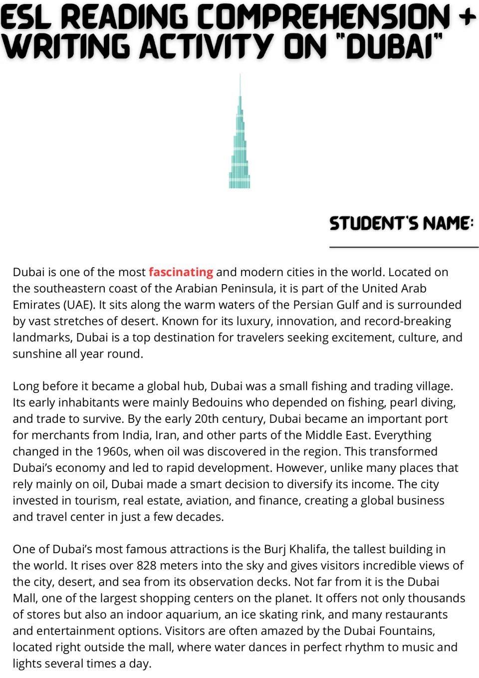 ESL reading and writing activity on Dubai: cover with a Burj Khalifa drawing, then the first three reading paragraphs