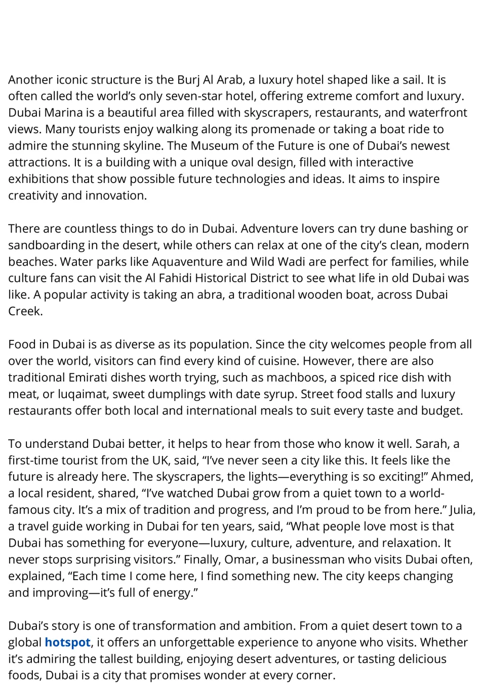 Dubai reading passage continued: students read about Burj Al Arab, food, tourist interviews and the word hotspot