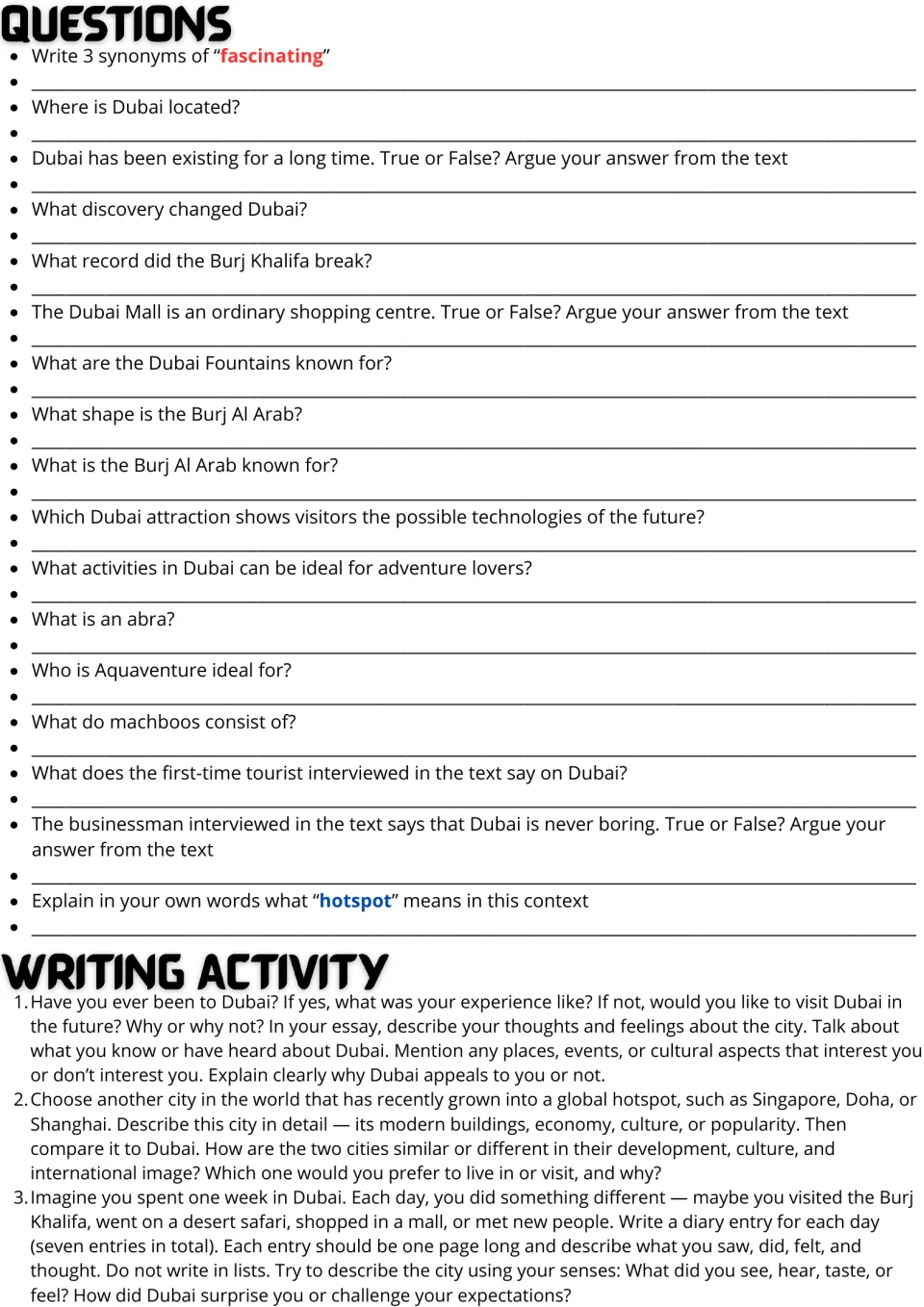 Dubai comprehension questions and writing: students answer 16 text questions, then respond to 3 essay or diary prompts